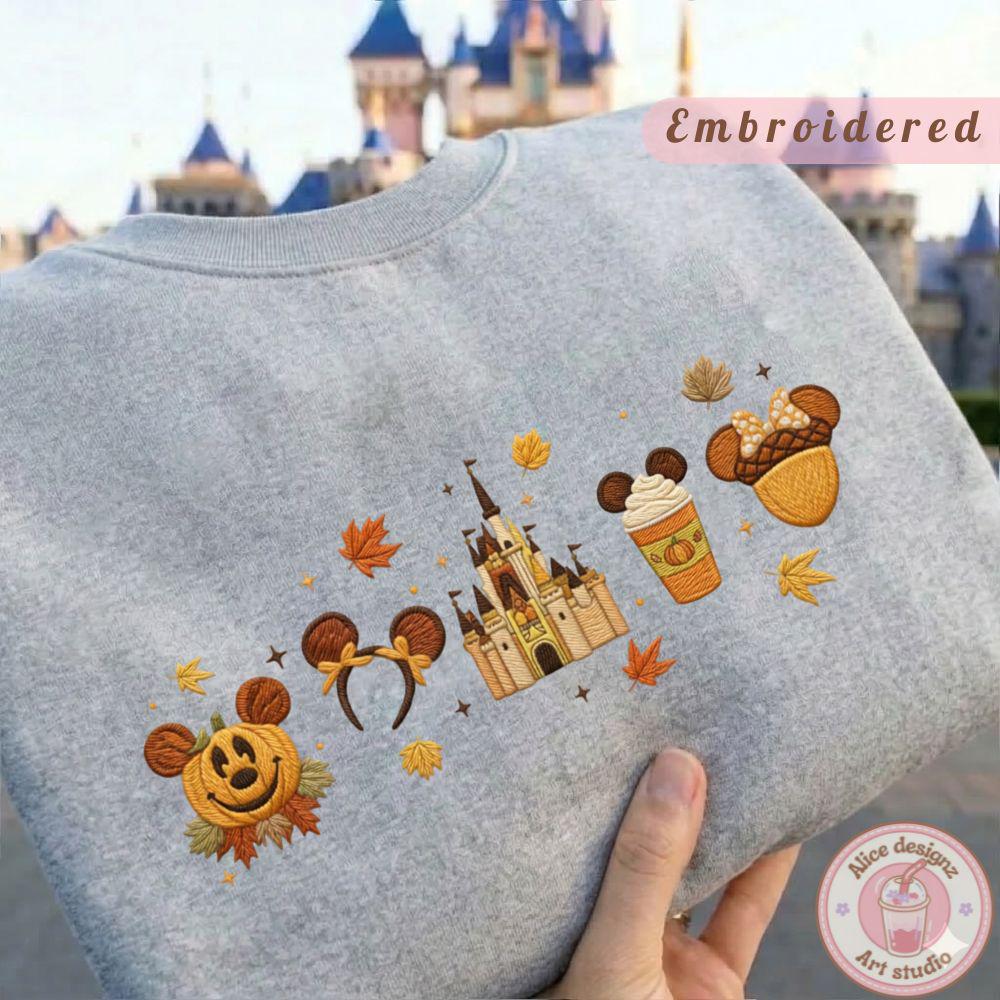 Embroidered Disney Fall Vibes Halloween T-Shirt Sweatshirt Hoodie with Tis the Season Autumn Castle and Pumpkin – WDW Disneyland Shirt - photo 2
