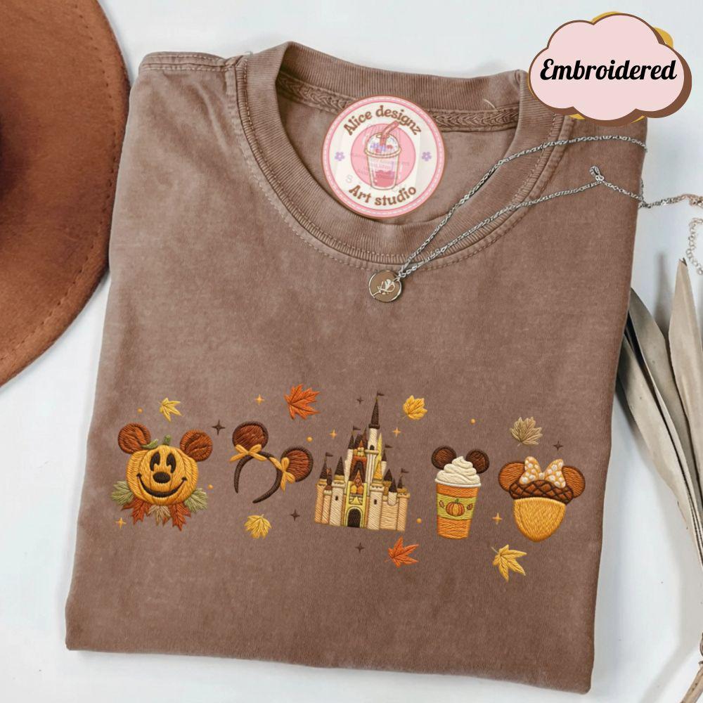 Embroidered Disney Fall Vibes Halloween T-Shirt Sweatshirt Hoodie with Tis the Season Autumn Castle and Pumpkin – WDW Disneyland Shirt - photo 3