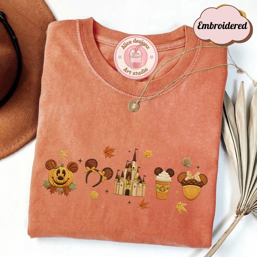 Embroidered Disney Fall Vibes Halloween T-Shirt Sweatshirt Hoodie with Tis the Season Autumn Castle and Pumpkin – WDW Disneyland Shirt - photo 4