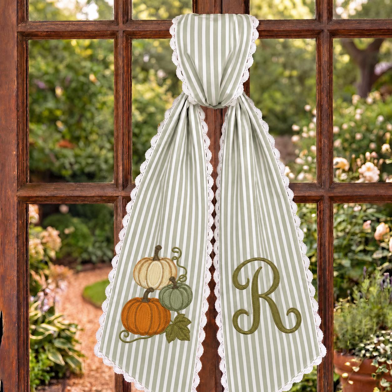 Personalized Fall Wreath Sash with Pumpkin Stack Monogram Door Bow and Green Stripe Thanksgiving Front Door Decor
