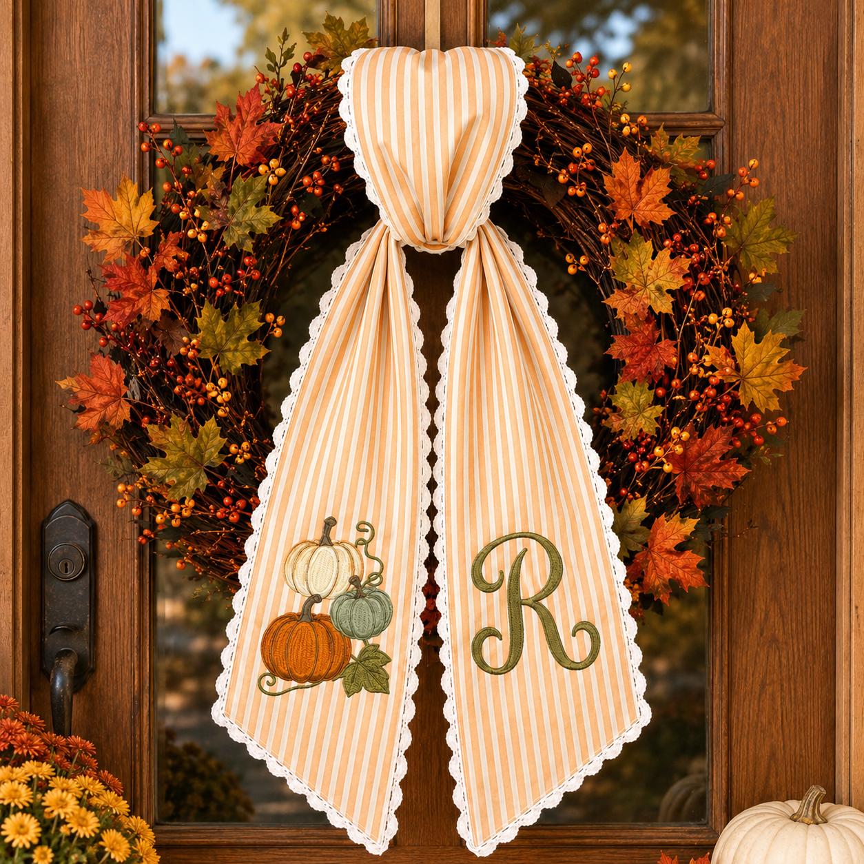 Personalized Fall Wreath Sash with Pumpkin Stack Monogram Door Bow and Green Stripe Thanksgiving Front Door Decor - photo 2