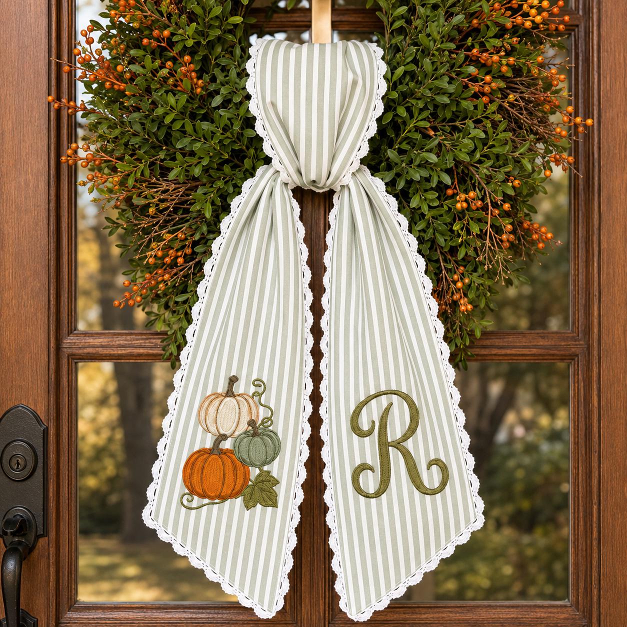 Personalized Fall Wreath Sash with Pumpkin Stack Monogram Door Bow and Green Stripe Thanksgiving Front Door Decor - photo 6