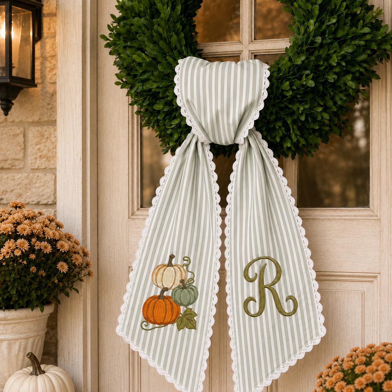Personalized Fall Wreath Sash with Pumpkin Stack Monogram Door Bow and Green Stripe Thanksgiving Front Door Decor - photo 7