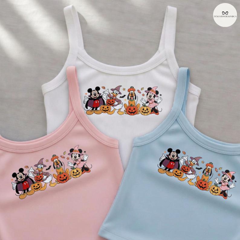 Embroidered Mickey and Friends Halloween Baby Tee Crop Tank with Trick or Treat Lace Trim Tank Top – Disney Girls Halloween Trip Outfit