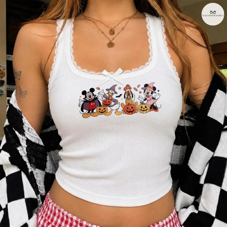 Embroidered Mickey and Friends Halloween Baby Tee Crop Tank with Trick or Treat Lace Trim Tank Top – Disney Girls Halloween Trip Outfit - photo 3