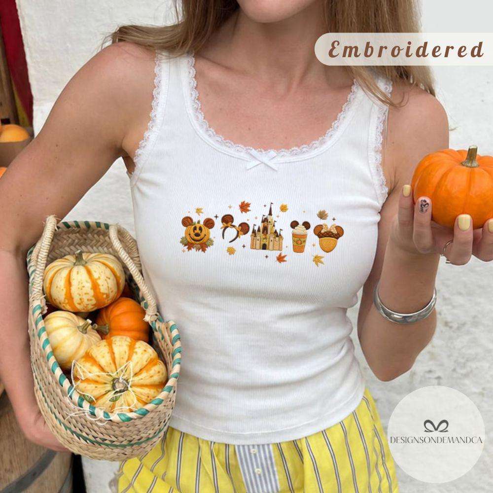 Embroidered Disney Fall Vibes Mickey Pumpkin Shirt with Magic Kingdom Castle and Autumn Leaves – Lace Trim Tank Top Baby Tee