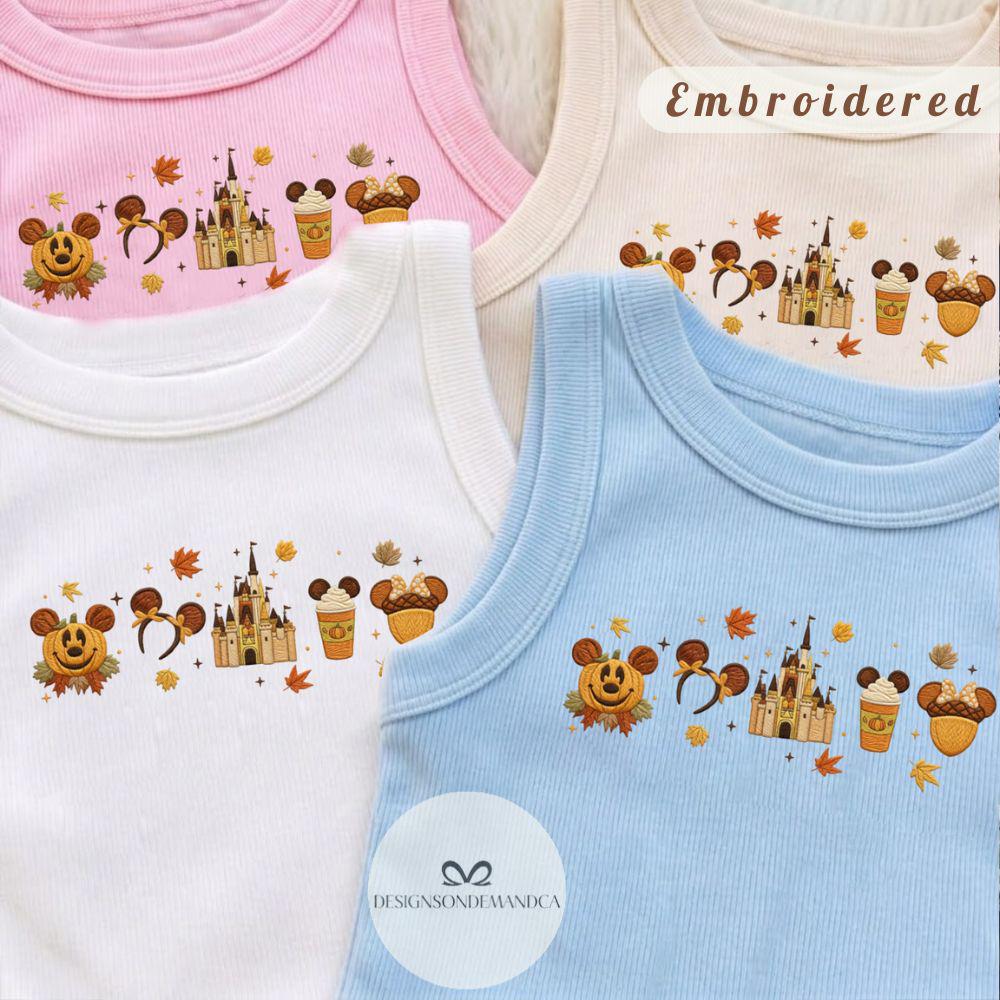 Embroidered Disney Fall Vibes Mickey Pumpkin Shirt with Magic Kingdom Castle and Autumn Leaves – Lace Trim Tank Top Baby Tee - photo 2