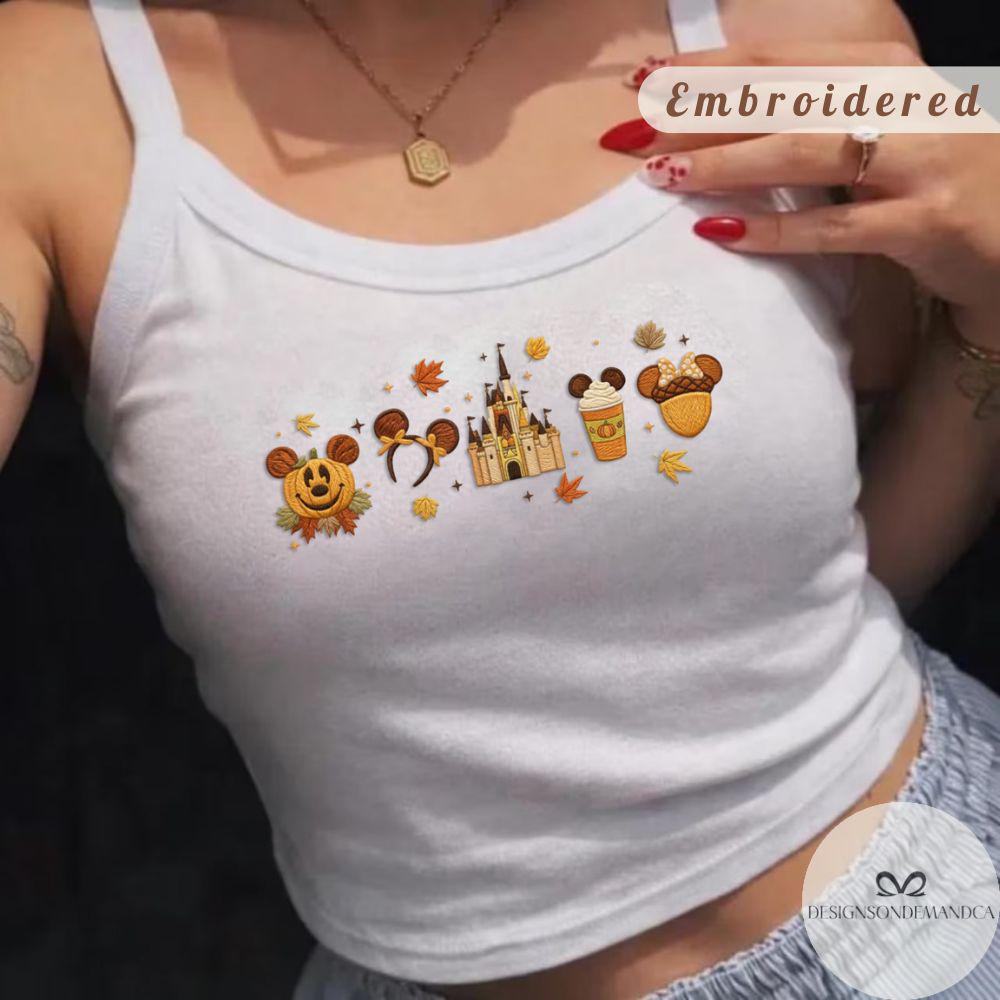 Embroidered Disney Fall Vibes Mickey Pumpkin Shirt with Magic Kingdom Castle and Autumn Leaves – Lace Trim Tank Top Baby Tee - photo 3