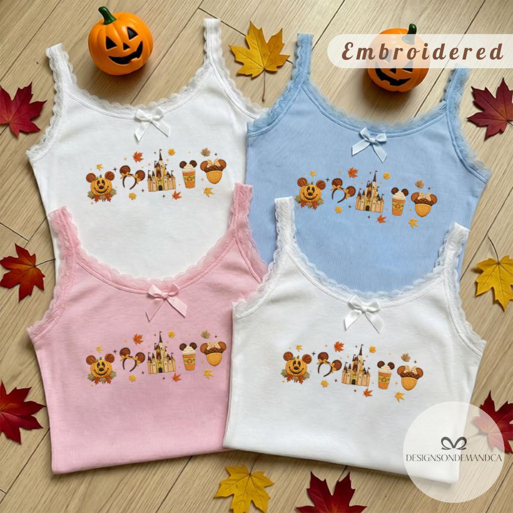 Embroidered Disney Fall Vibes Mickey Pumpkin Shirt with Magic Kingdom Castle and Autumn Leaves – Lace Trim Tank Top Baby Tee - photo 5