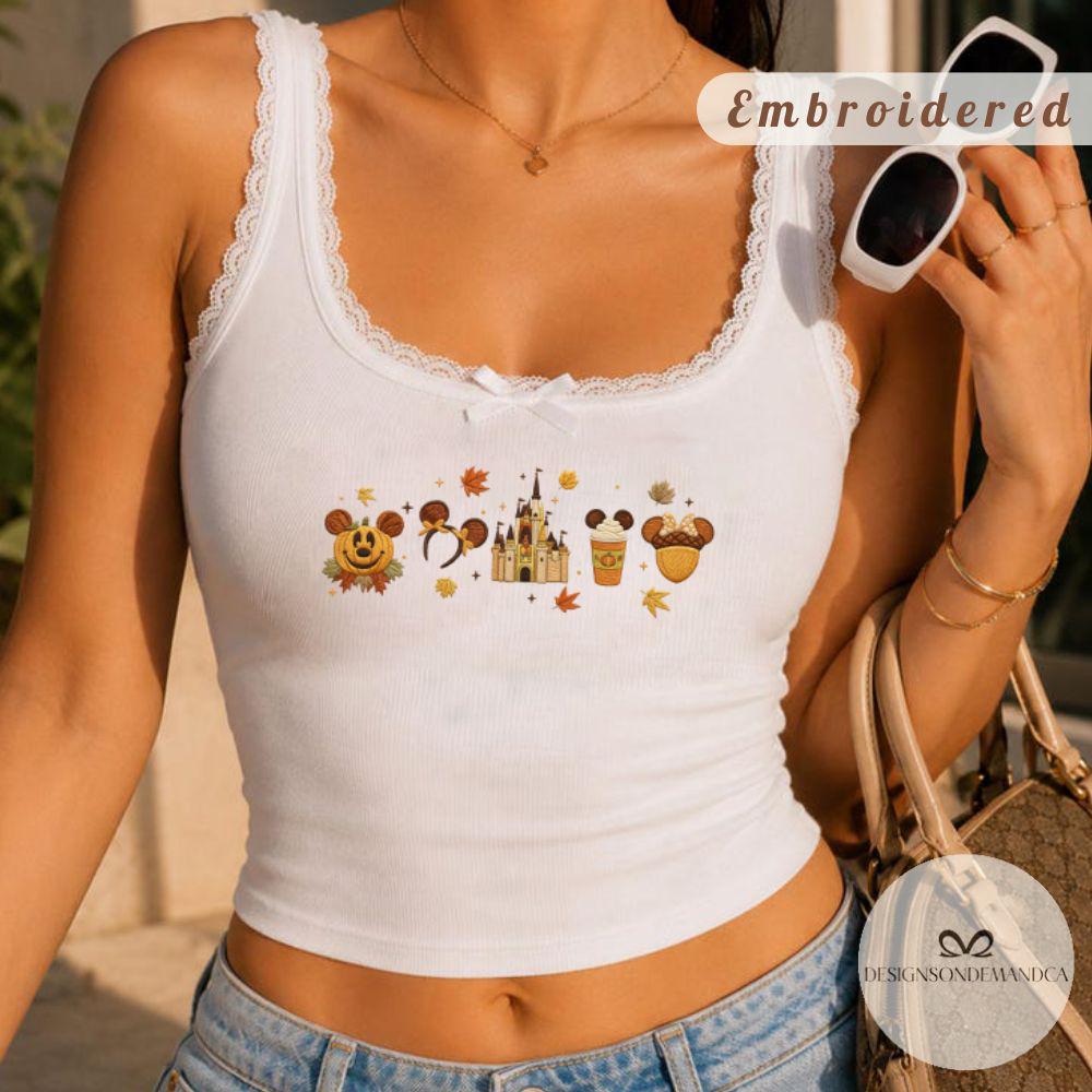 Embroidered Disney Fall Vibes Mickey Pumpkin Shirt with Magic Kingdom Castle and Autumn Leaves – Lace Trim Tank Top Baby Tee - photo 12