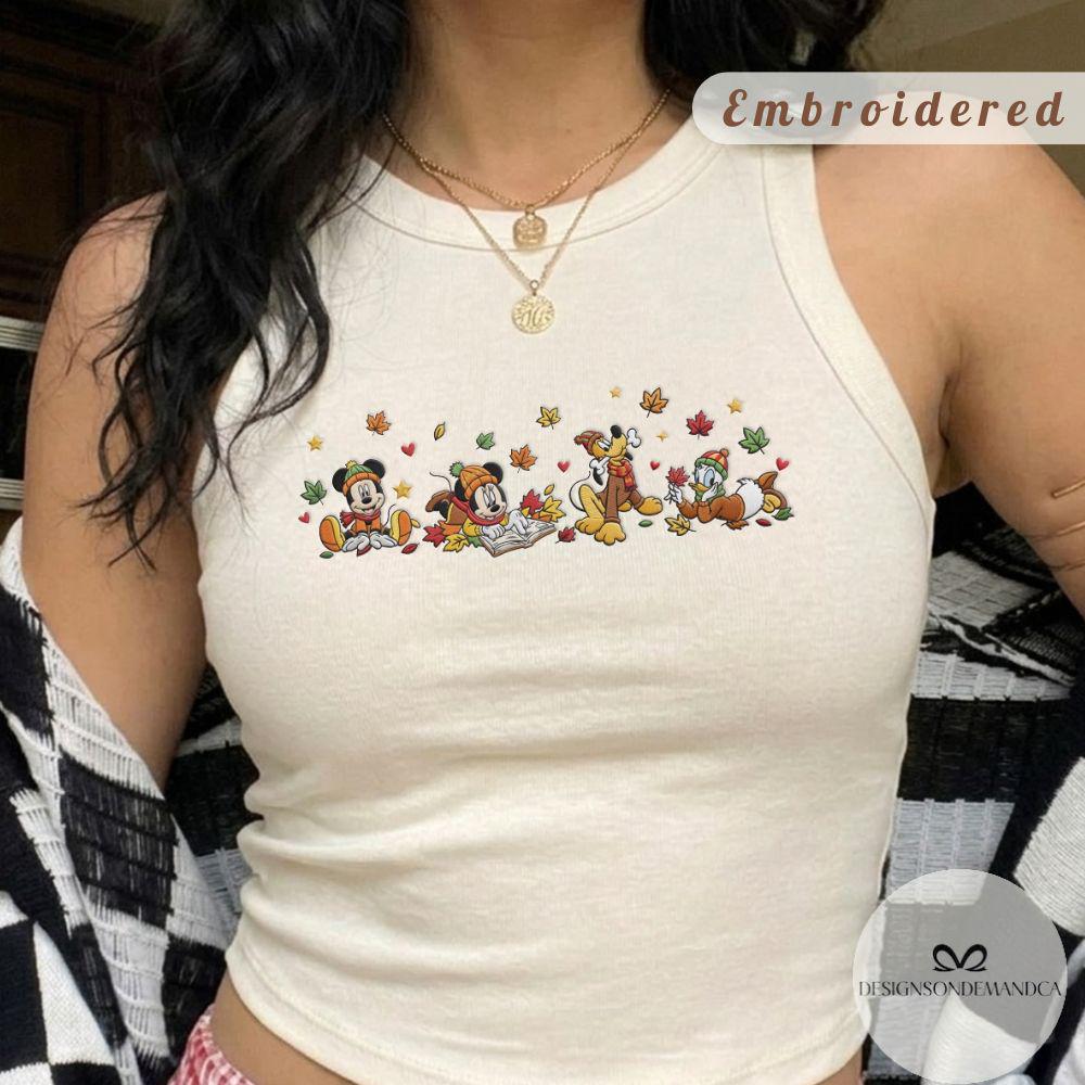 Embroidered Mickey and Friends Fall Vibes Shirt for Disney Cozy Season with Autumn Leaves – Lace Trim Tank Top Baby Tee
