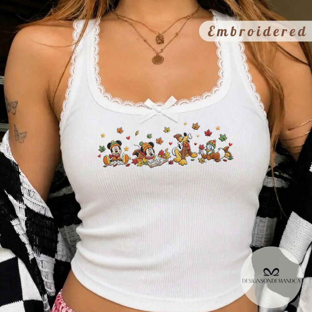 Embroidered Mickey and Friends Fall Vibes Shirt for Disney Cozy Season with Autumn Leaves – Lace Trim Tank Top Baby Tee - photo 2