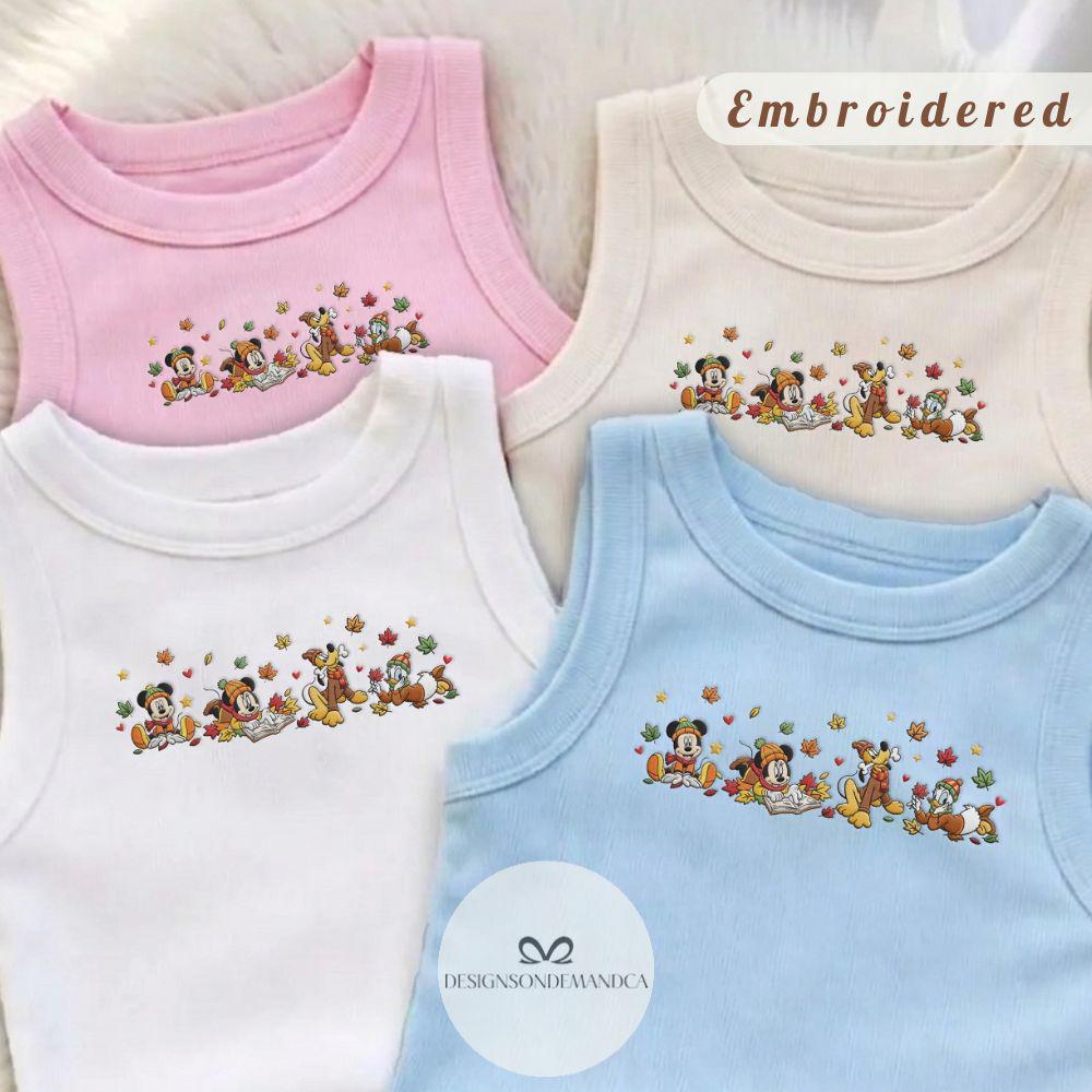 Embroidered Mickey and Friends Fall Vibes Shirt for Disney Cozy Season with Autumn Leaves – Lace Trim Tank Top Baby Tee - photo 3