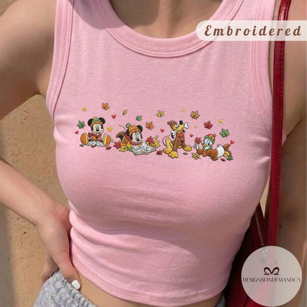 Embroidered Mickey and Friends Fall Vibes Shirt for Disney Cozy Season with Autumn Leaves – Lace Trim Tank Top Baby Tee - photo 5