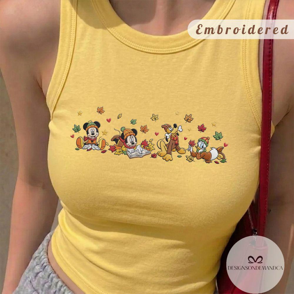 Embroidered Mickey and Friends Fall Vibes Shirt for Disney Cozy Season with Autumn Leaves – Lace Trim Tank Top Baby Tee - photo 6