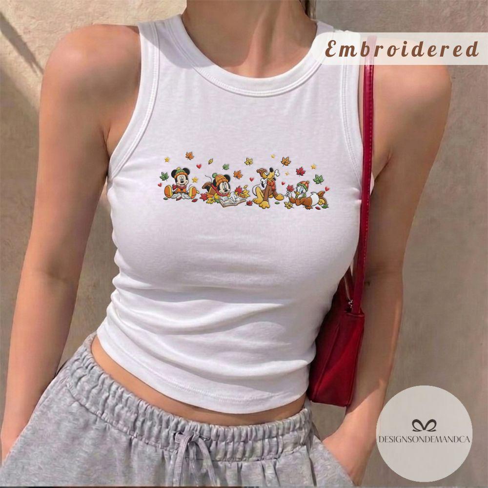 Embroidered Mickey and Friends Fall Vibes Shirt for Disney Cozy Season with Autumn Leaves – Lace Trim Tank Top Baby Tee - photo 8