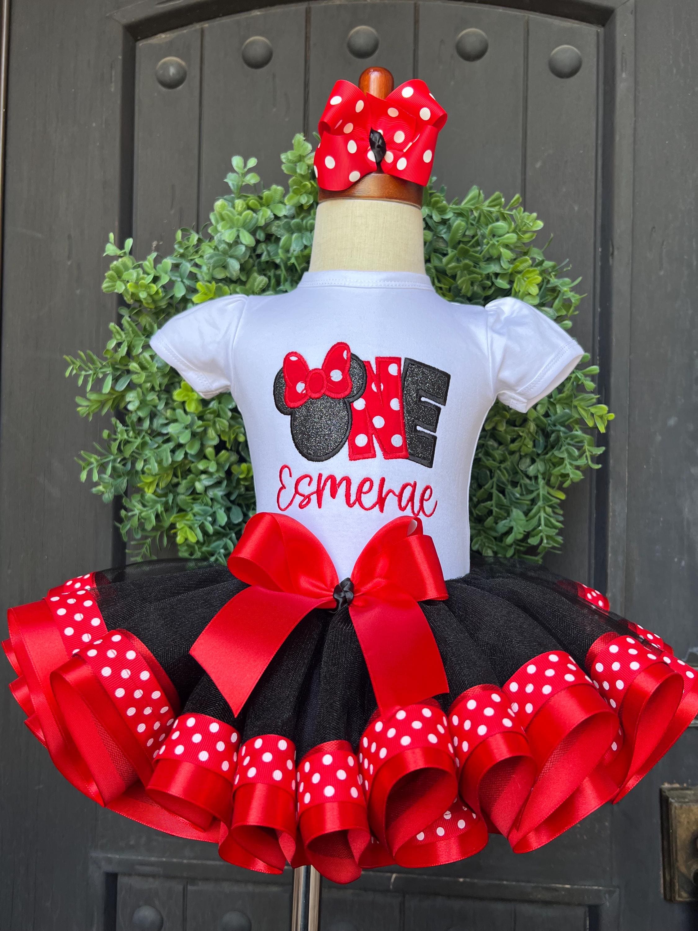 Minnie Mouse First Birthday Tutu Set with Embroidered Shirt, Ribbon Tutu and Matching Hairbow – One Minnie Birthday Outfit