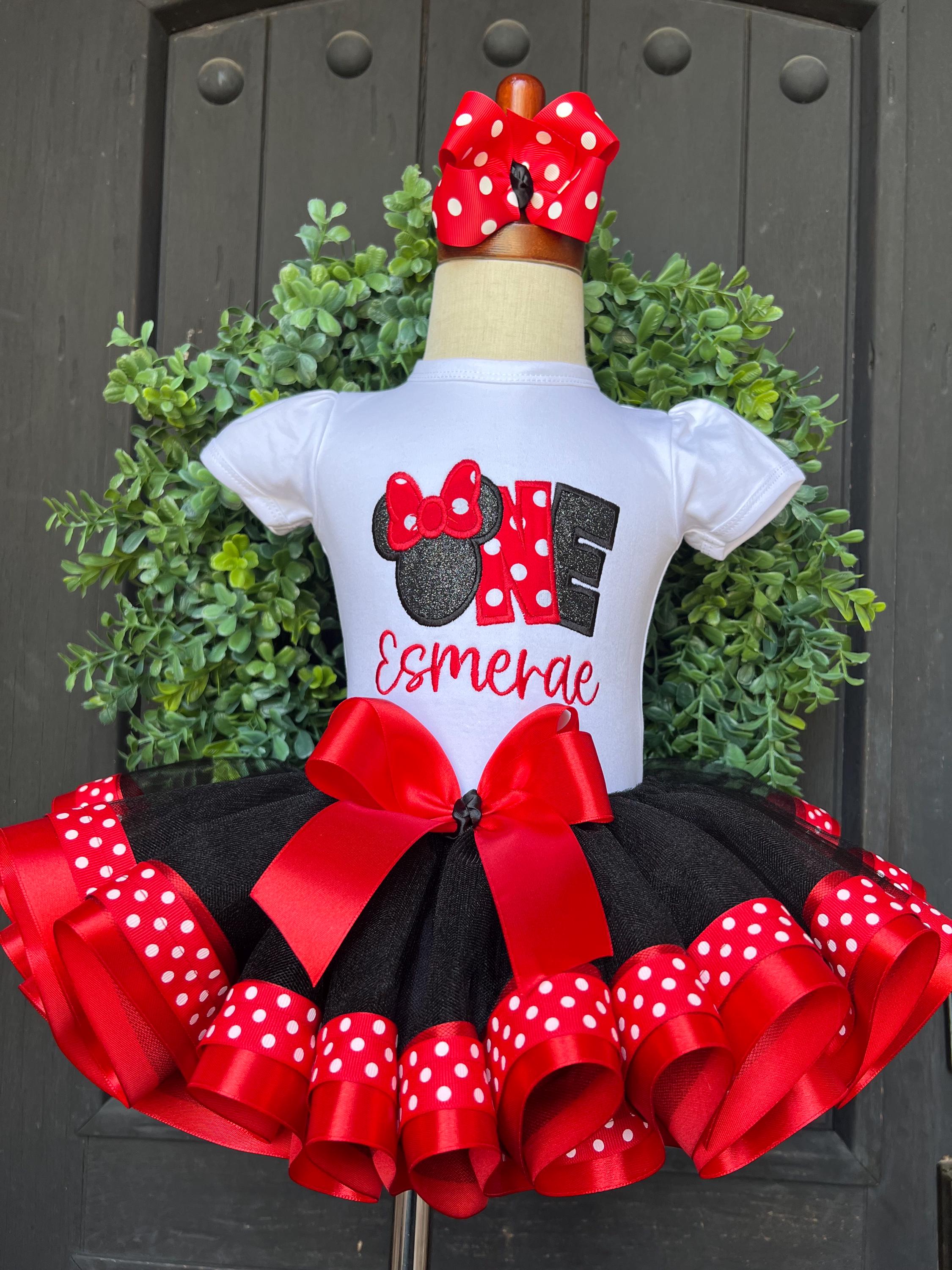 Minnie Mouse First Birthday Tutu Set with Embroidered Shirt, Ribbon Tutu and Matching Hairbow – One Minnie Birthday Outfit - photo 2