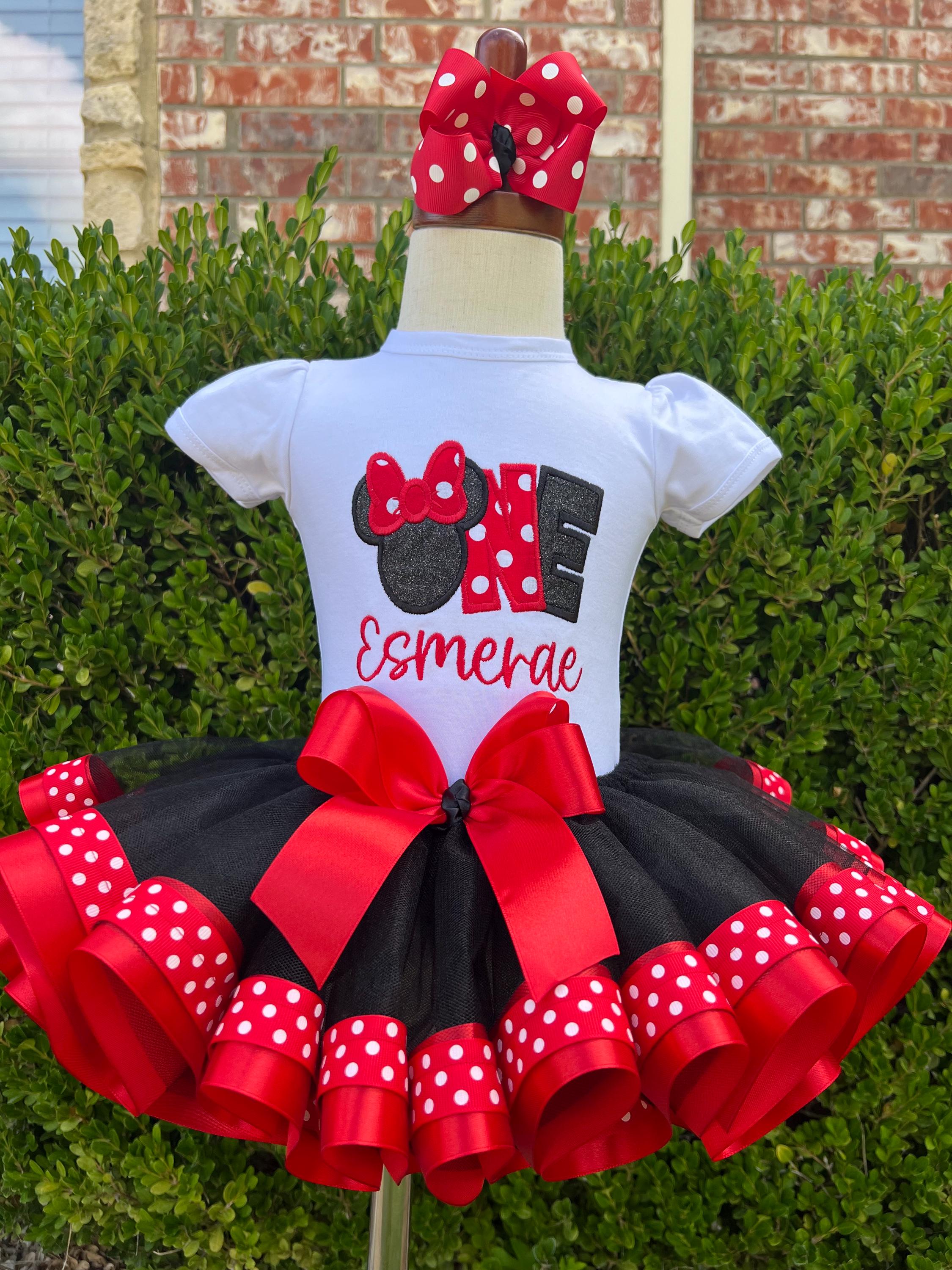 Minnie Mouse First Birthday Tutu Set with Embroidered Shirt, Ribbon Tutu and Matching Hairbow – One Minnie Birthday Outfit - photo 3