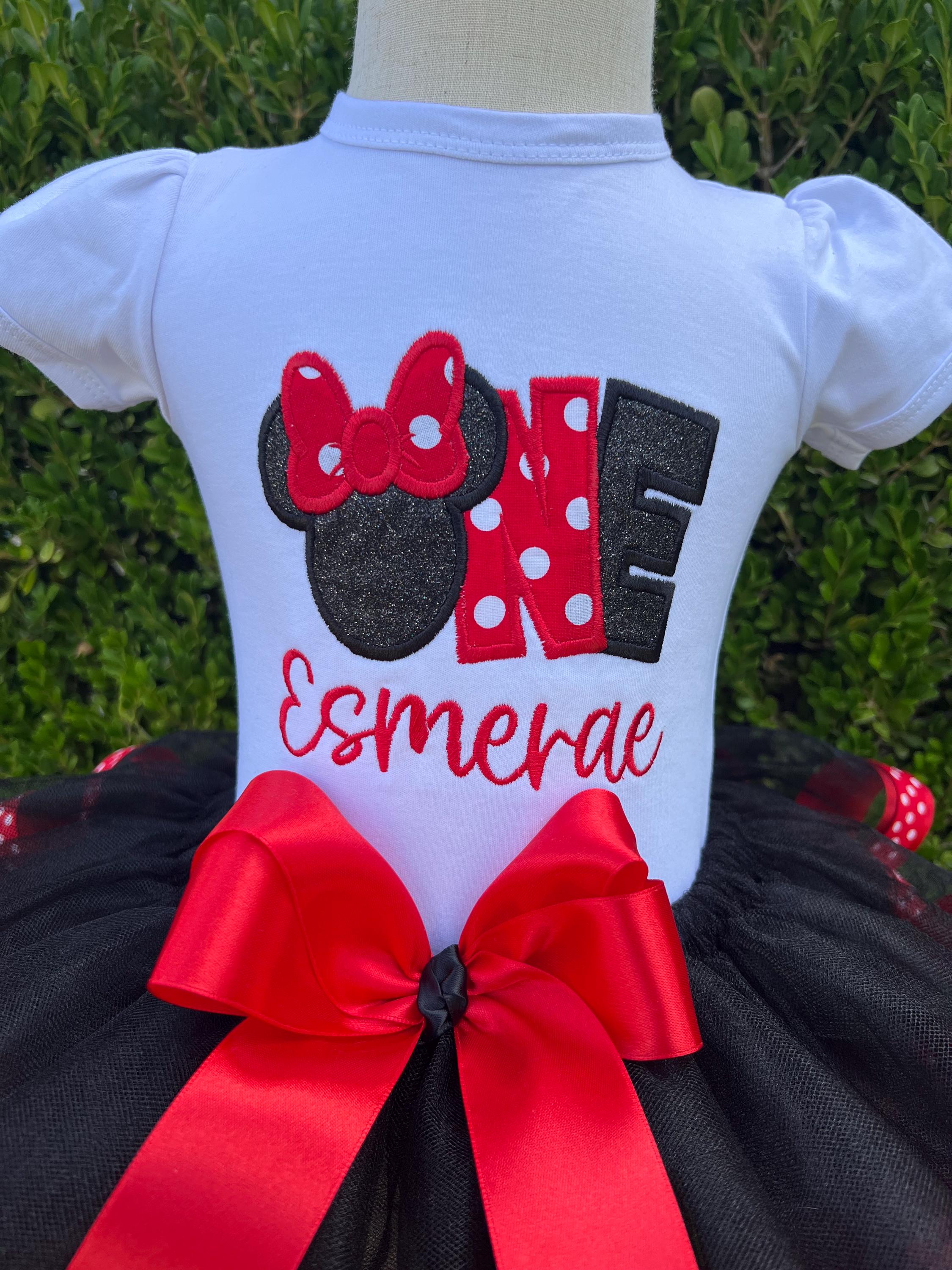 Minnie Mouse First Birthday Tutu Set with Embroidered Shirt, Ribbon Tutu and Matching Hairbow – One Minnie Birthday Outfit - photo 4
