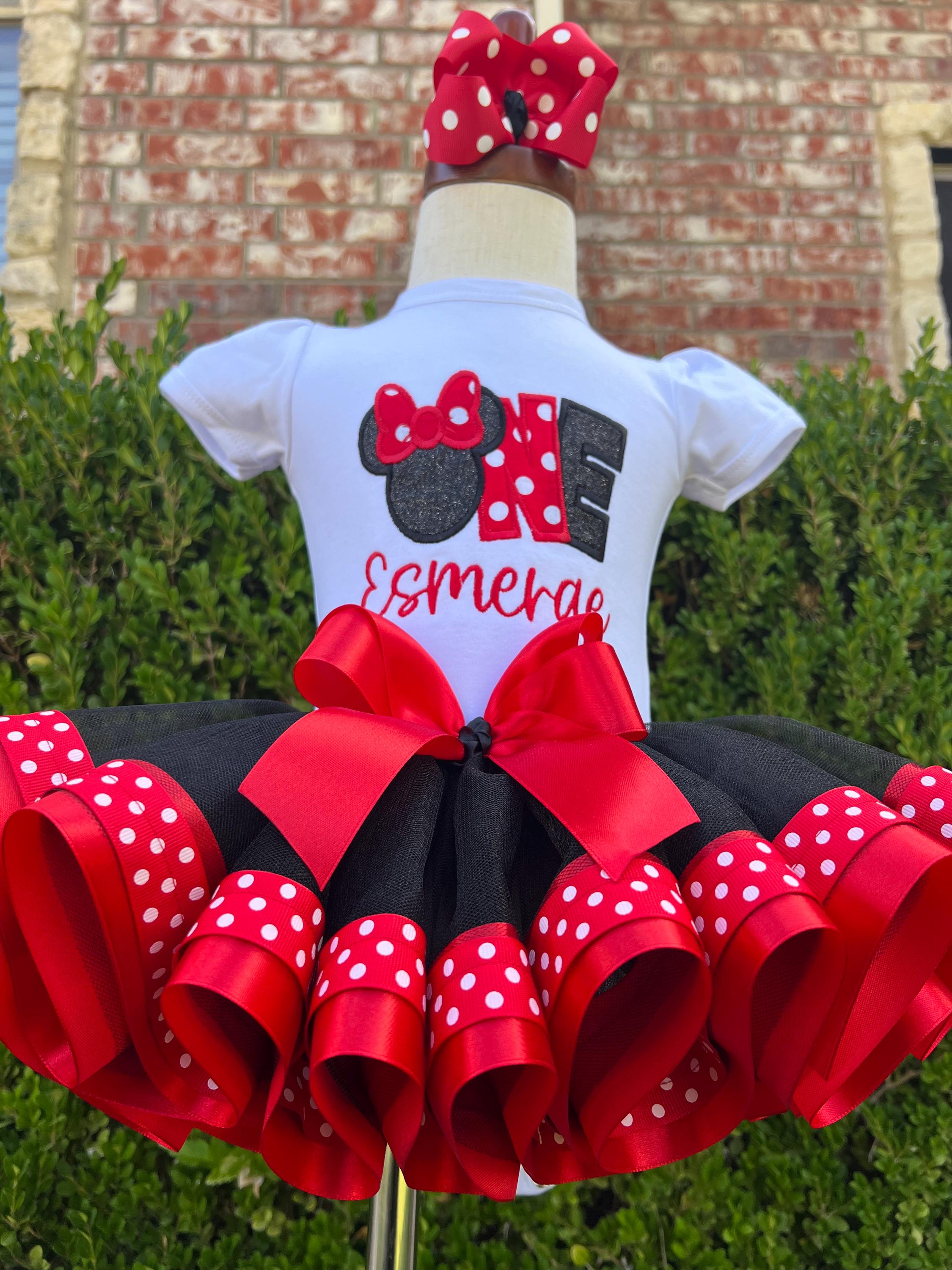 Minnie Mouse First Birthday Tutu Set with Embroidered Shirt, Ribbon Tutu and Matching Hairbow – One Minnie Birthday Outfit - photo 5