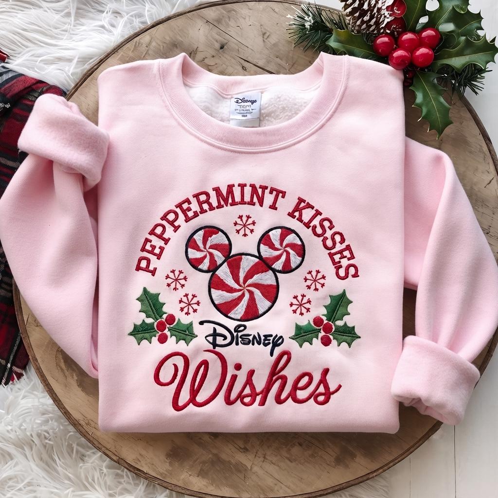 Embroidered Disney Christmas Sweatshirt with Mickey Peppermint Candy – Holiday Inspired Crewneck Sweater for Xmas Vacation Outfit Gift