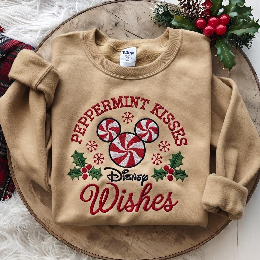 Embroidered Disney Christmas Sweatshirt with Mickey Peppermint Candy – Holiday Inspired Crewneck Sweater for Xmas Vacation Outfit Gift