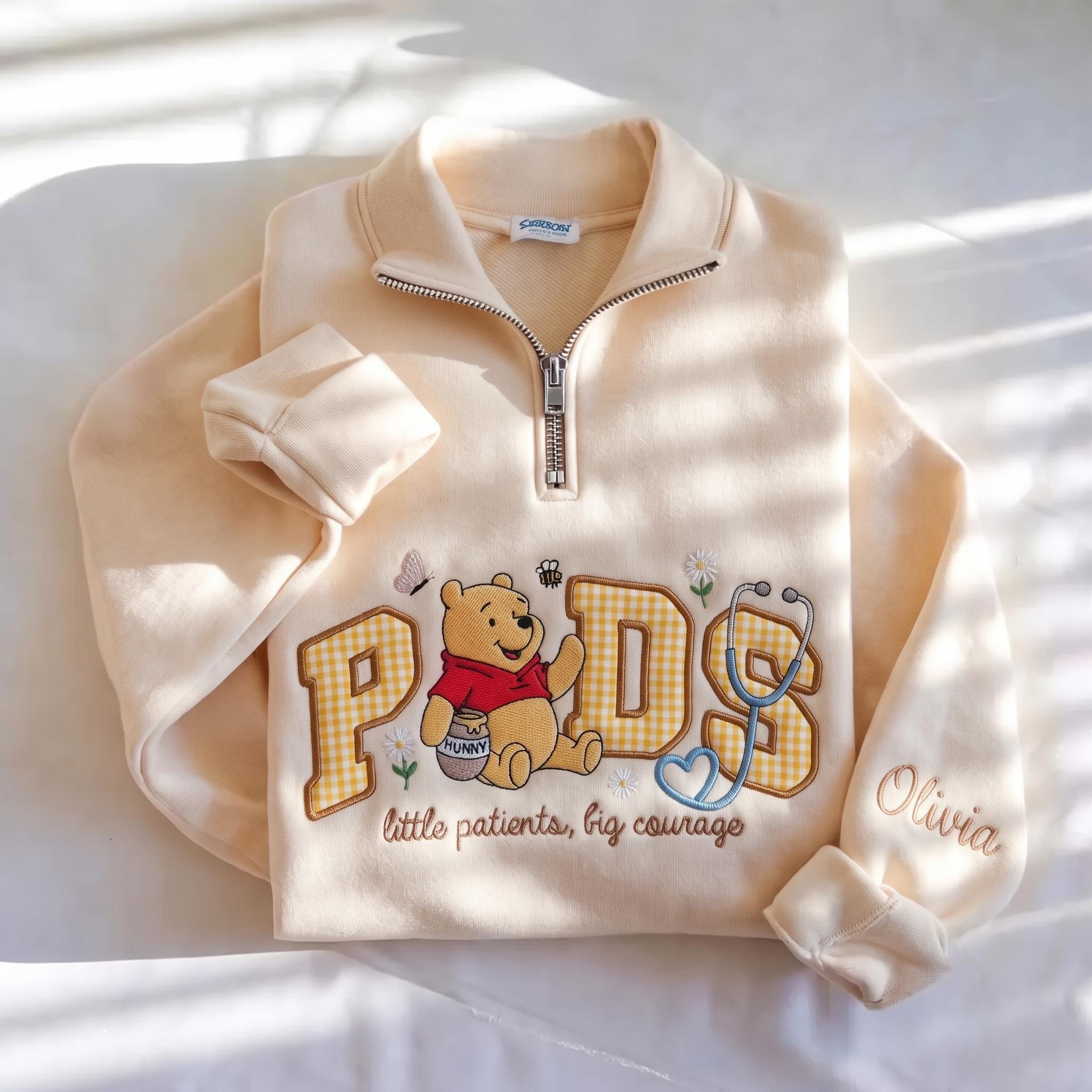 Disney Winnie Inspired Pediatric Nurse Embroidered Sweatshirt with Custom Name Patch Letter – Nursing School Crewneck Pullover Gift