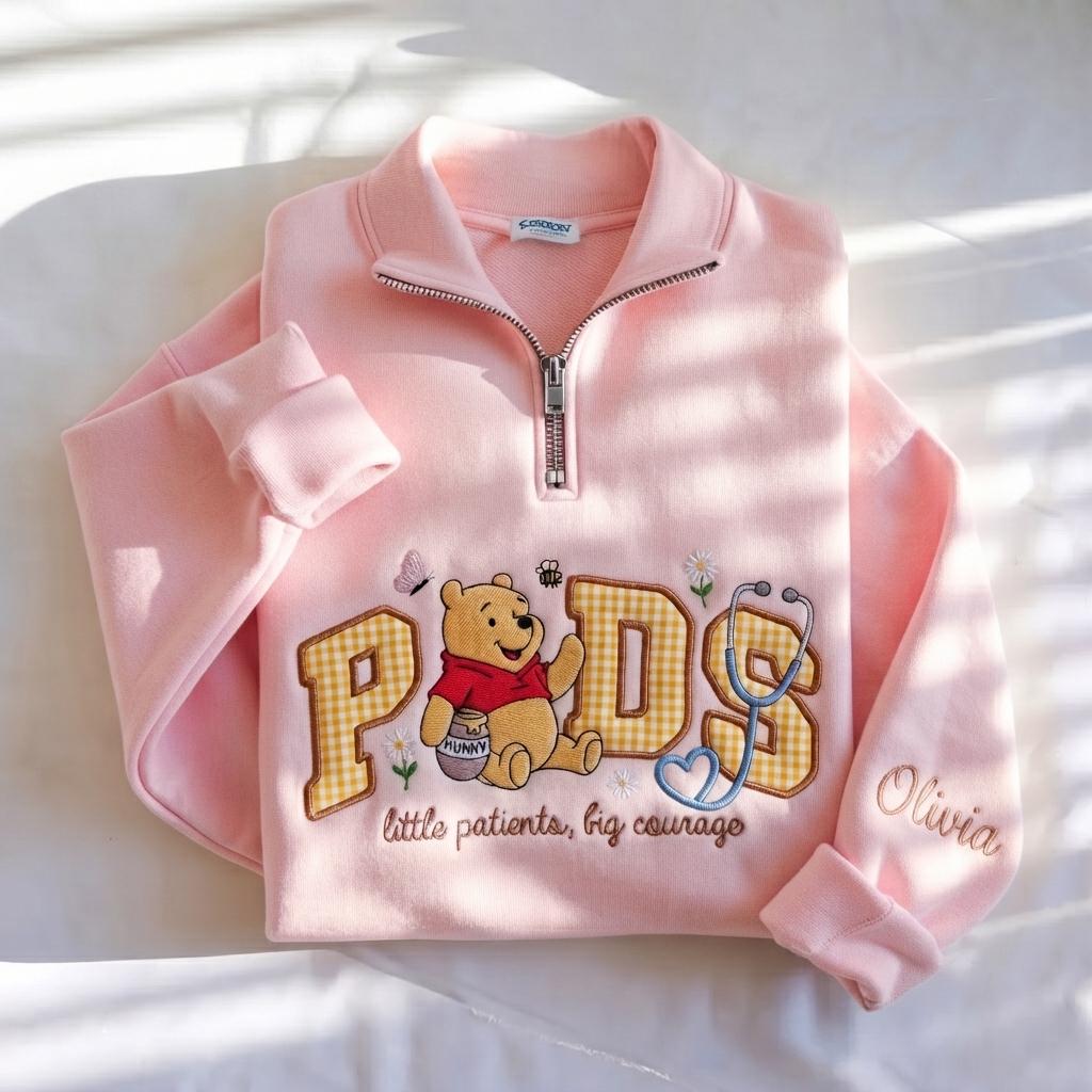 Disney Winnie Inspired Pediatric Nurse Embroidered Sweatshirt with Custom Name Patch Letter – Nursing School Crewneck Pullover Gift