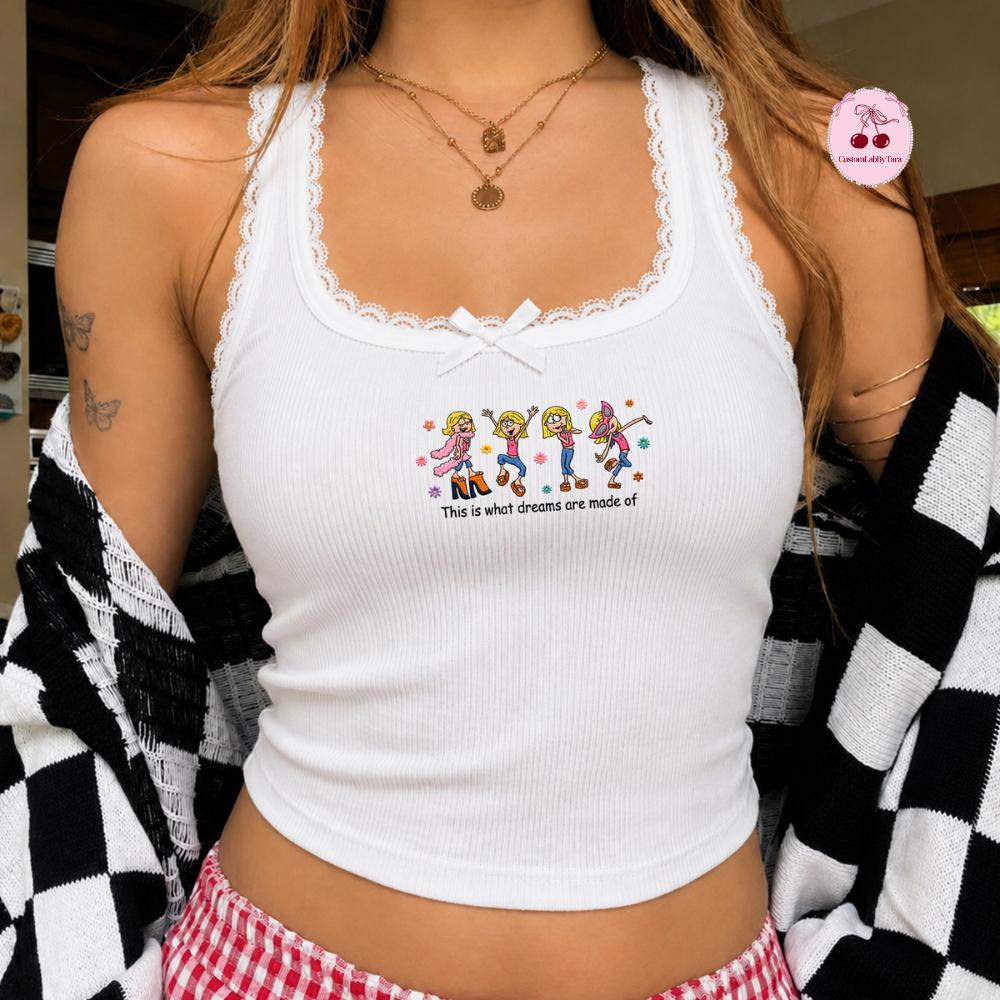 Embroidered Disney Lizzie McGuire Lace Trim Tank Top with Disney Channel Music – This Is What Dreams Are Made Of Baby Tee Crop Tank