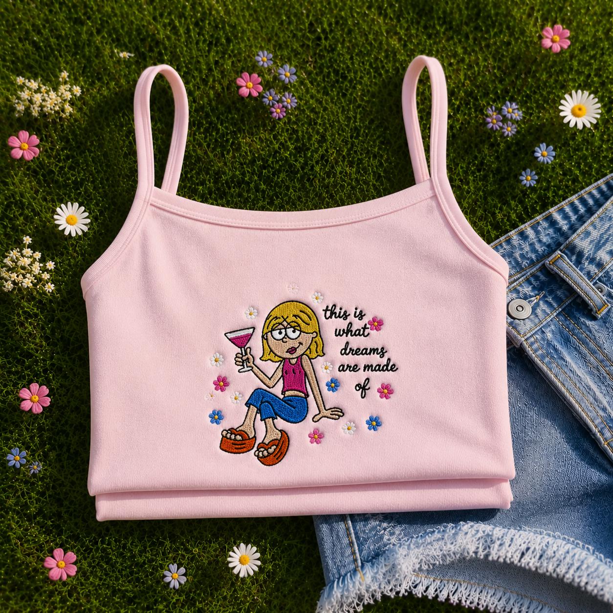Embroidered Lizzie McGuire Crop Baby Tee Tank with This Is What Dreams Are Made Of – Y2K Disney Inspired Shirt and 2000s Outfit Gift for Her