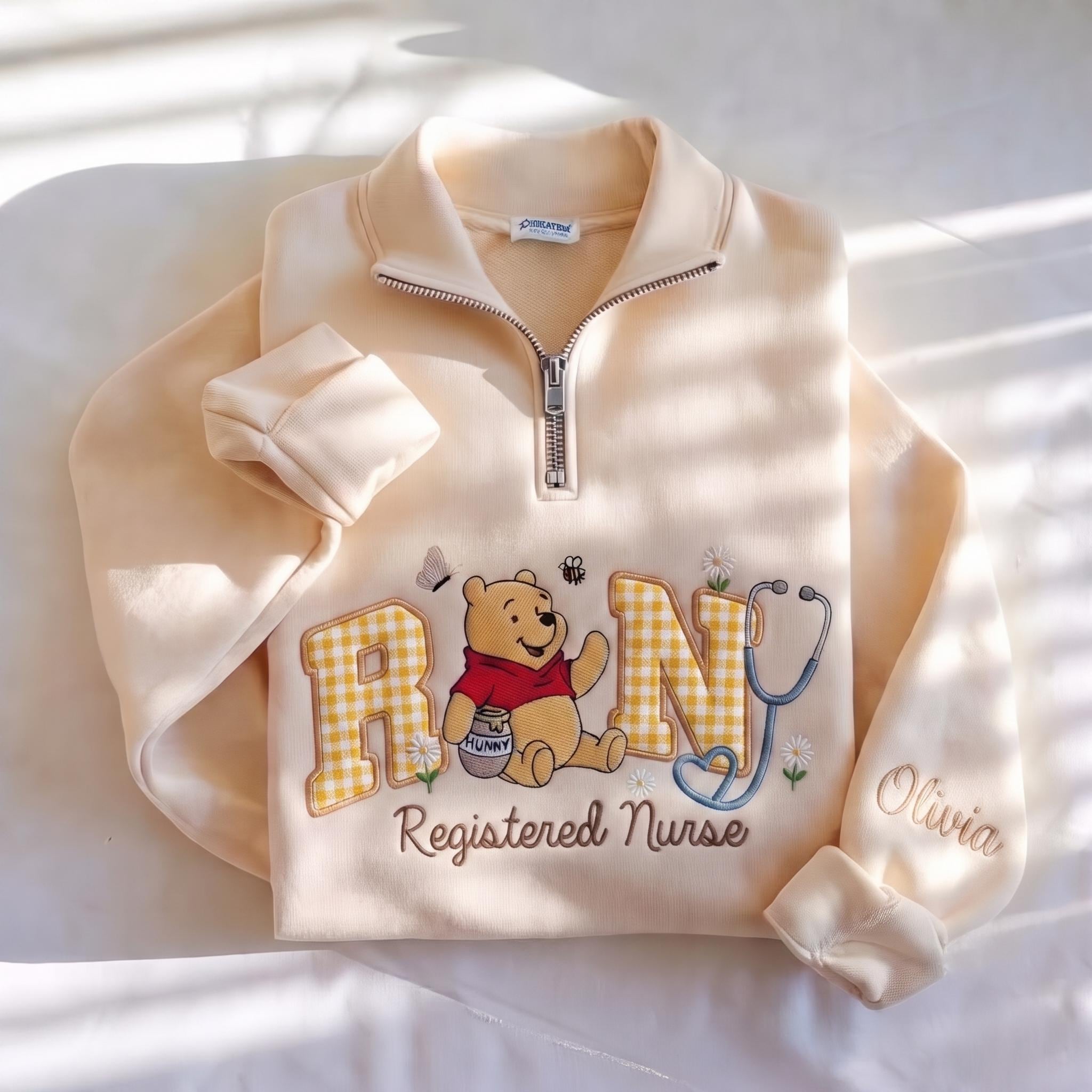 Disney Winnie Inspired RN Nurse Embroidered Sweatshirt with Custom Name Patch Letter – Nursing School Medical Shirt