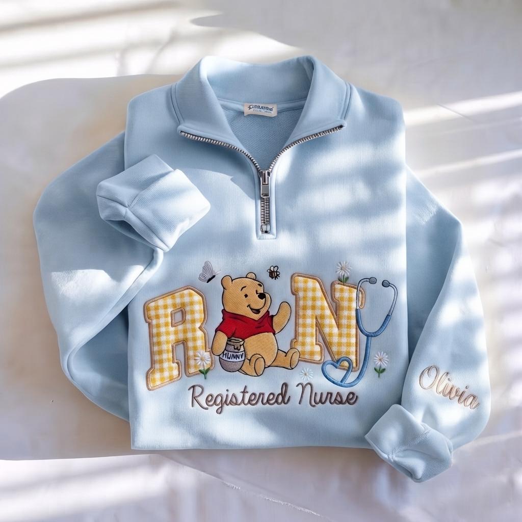 Disney Winnie Inspired RN Nurse Embroidered Sweatshirt with Custom Name Patch Letter – Nursing School Medical Shirt - photo 2