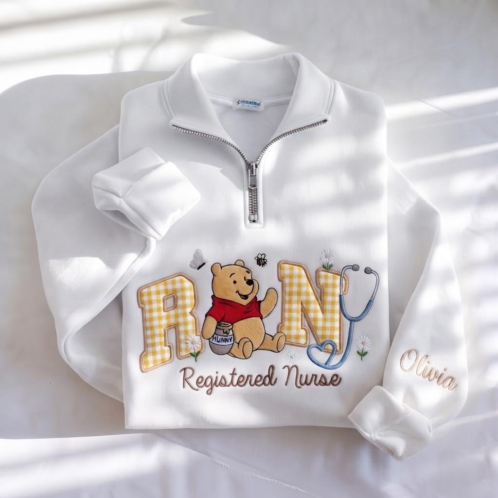 Disney Winnie Inspired RN Nurse Embroidered Sweatshirt with Custom Name Patch Letter – Nursing School Medical Shirt - photo 3