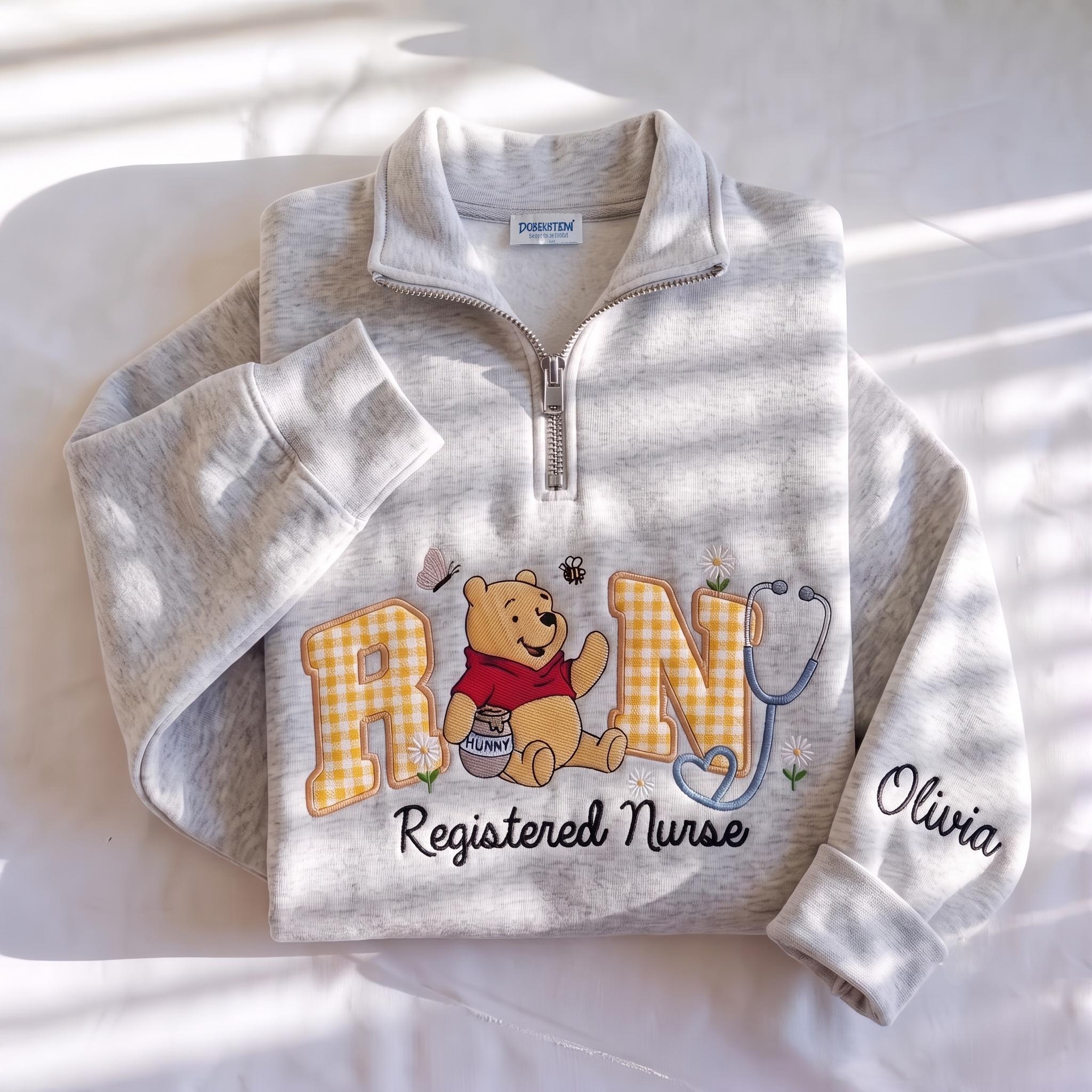 Disney Winnie Inspired RN Nurse Embroidered Sweatshirt with Custom Name Patch Letter – Nursing School Medical Shirt - photo 5