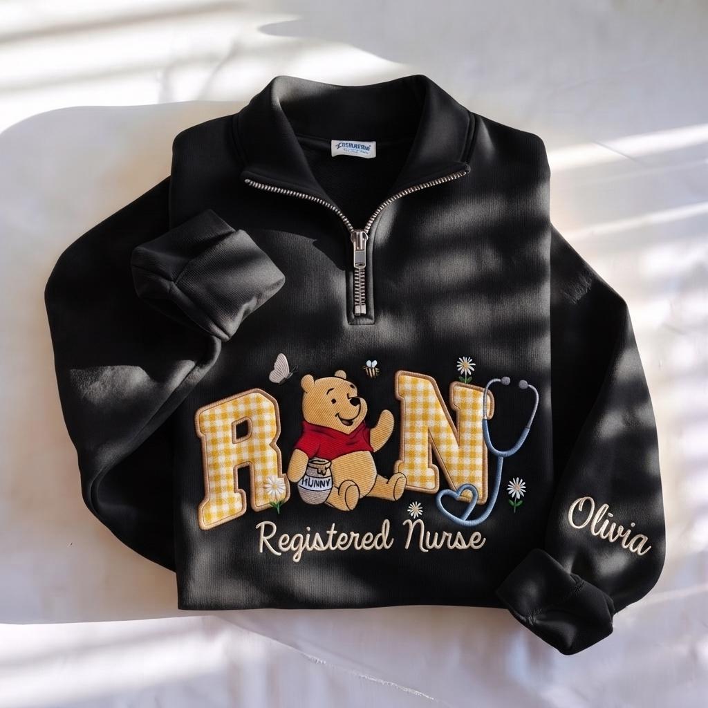 Disney Winnie Inspired RN Nurse Embroidered Sweatshirt with Custom Name Patch Letter – Nursing School Medical Shirt - photo 6