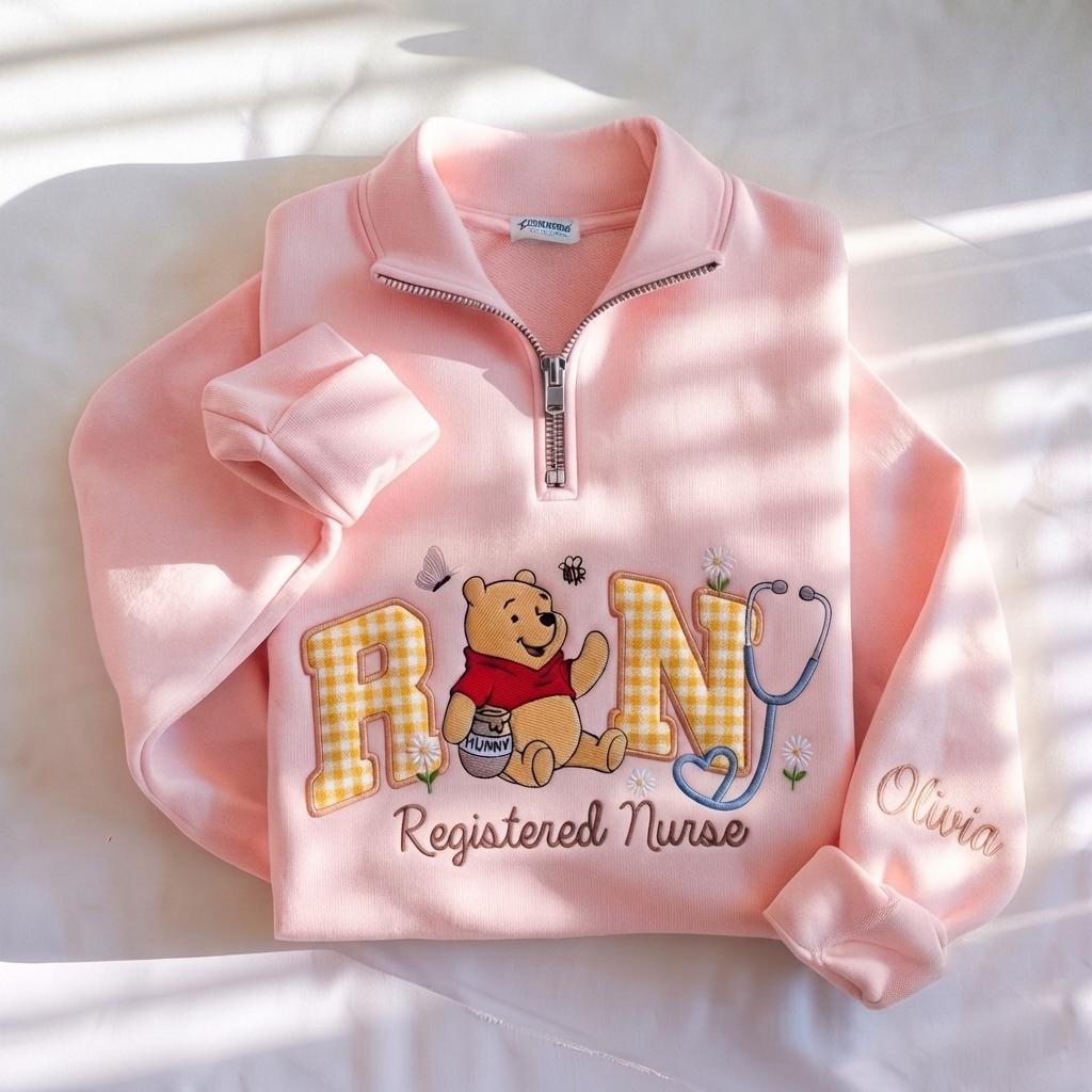 Disney Winnie Inspired RN Nurse Embroidered Sweatshirt with Custom Name Patch Letter – Nursing School Medical Shirt