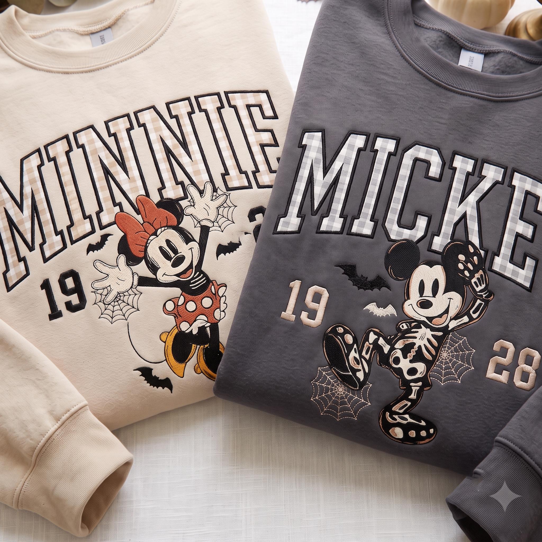 Embroidered Halloween Mouse Couple Sweatshirt with WDW 1955 Party Applique – Spooky Season Crewneck Shirt for Family Holiday Gift