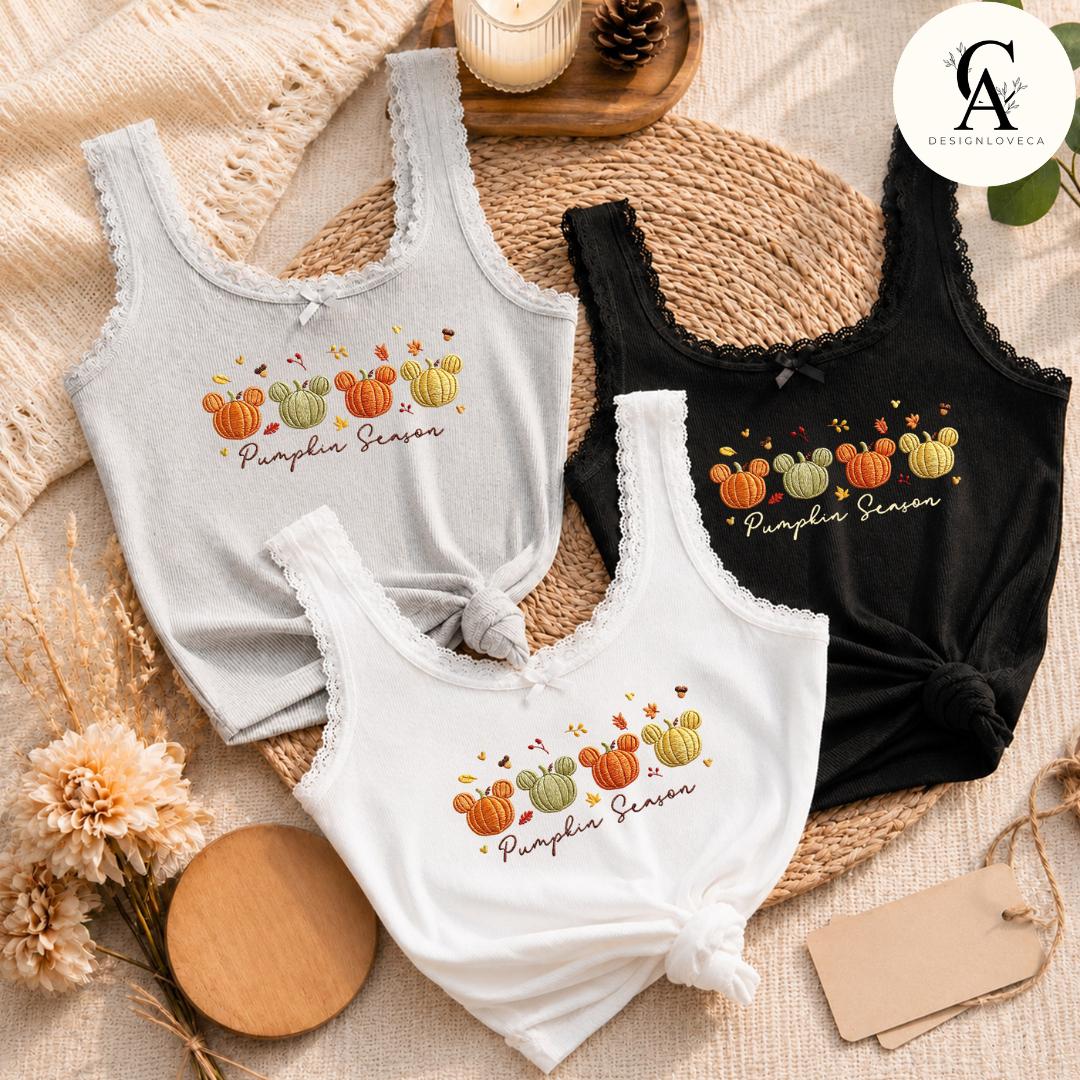 Embroidered Mickey Pumpkin Season Disney Fall Vibes Baby Tee Crop Tank for Thanksgiving – Halloween Sweatshirt Lace Trim Tank - photo 2