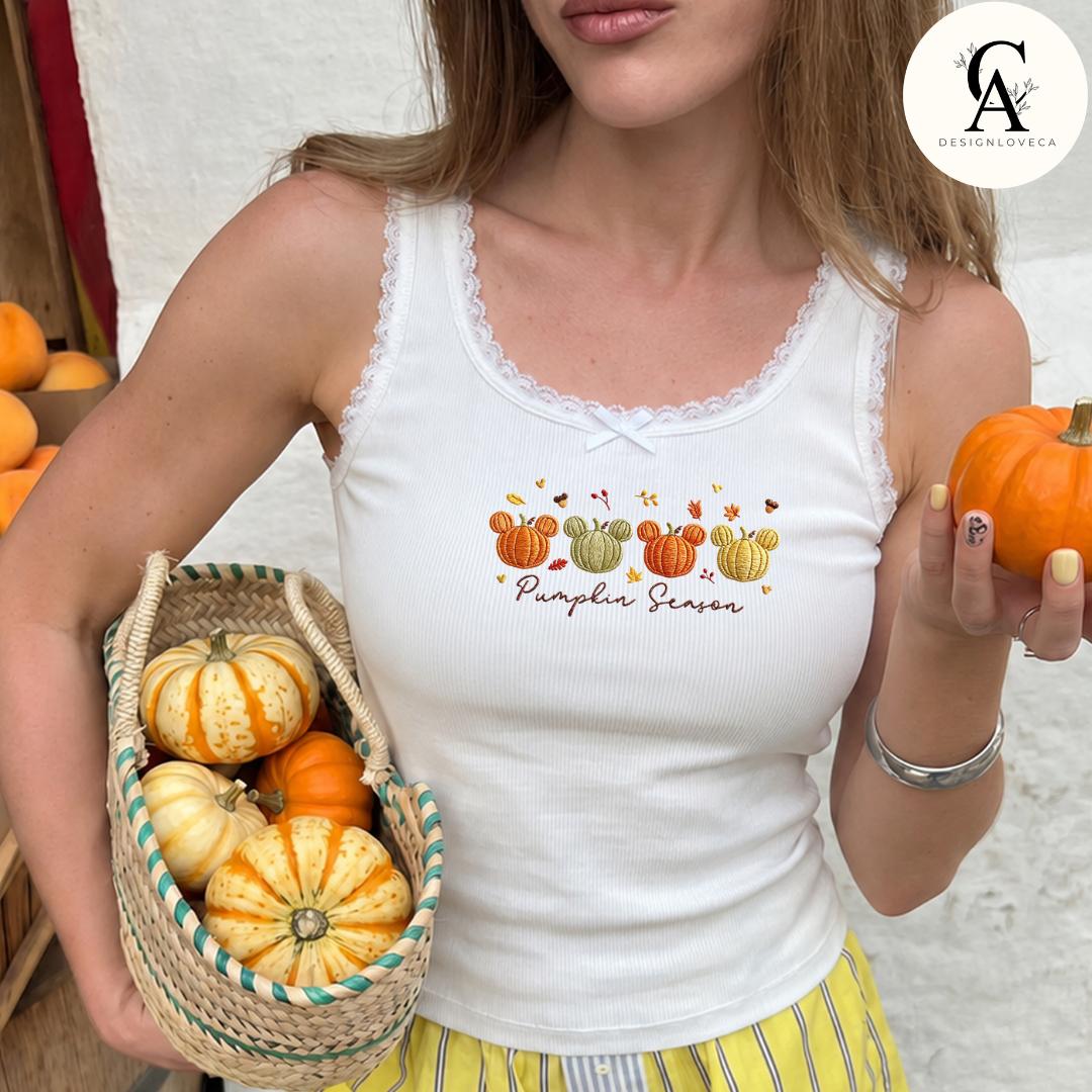 Embroidered Mickey Pumpkin Season Disney Fall Vibes Baby Tee Crop Tank for Thanksgiving – Halloween Sweatshirt Lace Trim Tank - photo 3