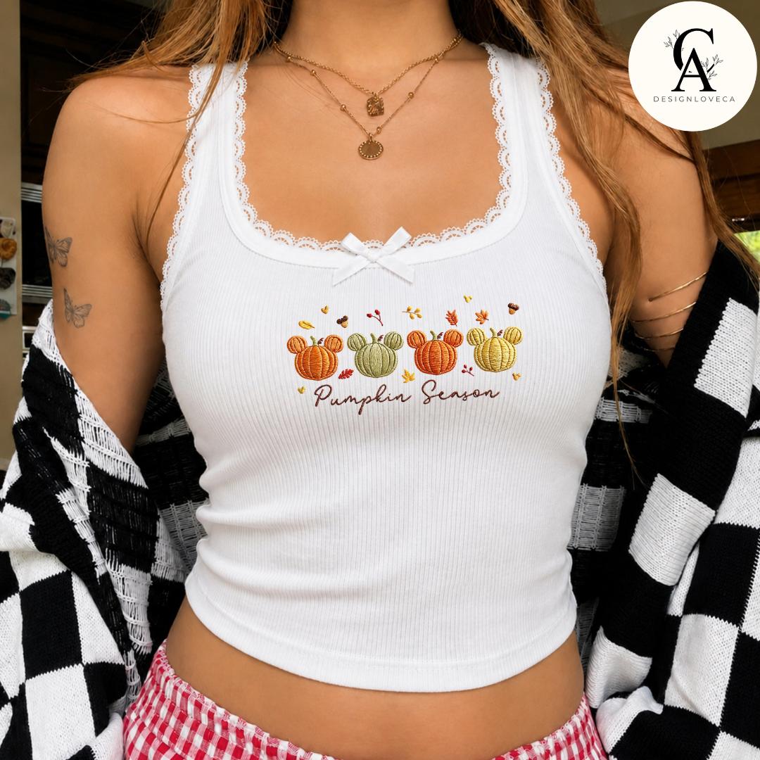 Embroidered Mickey Pumpkin Season Disney Fall Vibes Baby Tee Crop Tank for Thanksgiving – Halloween Sweatshirt Lace Trim Tank - photo 8