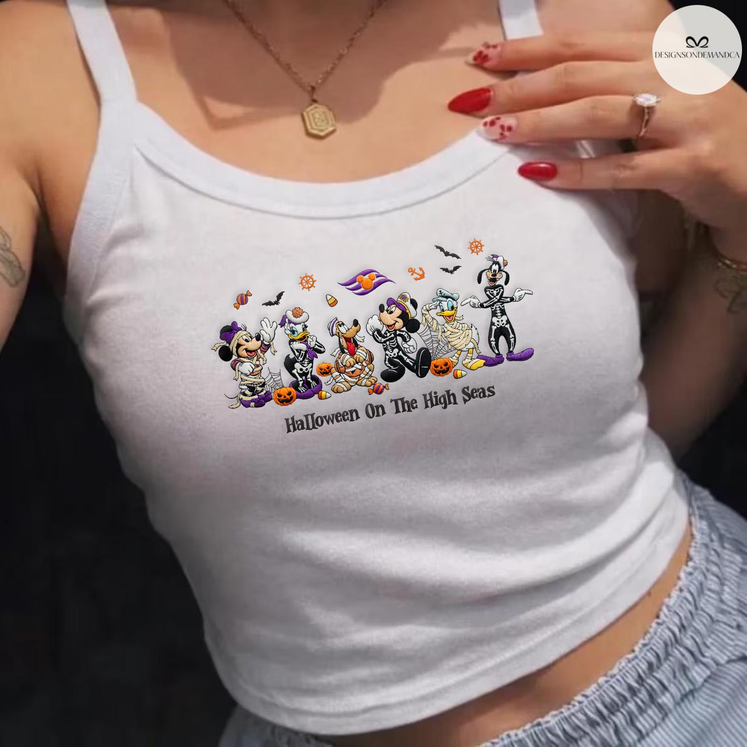 Embroidered Halloween on the High Seas Baby Tee Crop Tank with Mickey and Friends Cruise – Lace Trim Tank Top Girls Trip Shirt