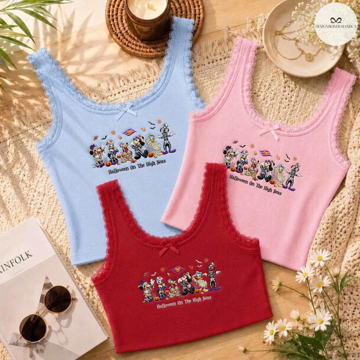 Embroidered Halloween on the High Seas Baby Tee Crop Tank with Mickey and Friends Cruise – Lace Trim Tank Top Girls Trip Shirt - photo 2