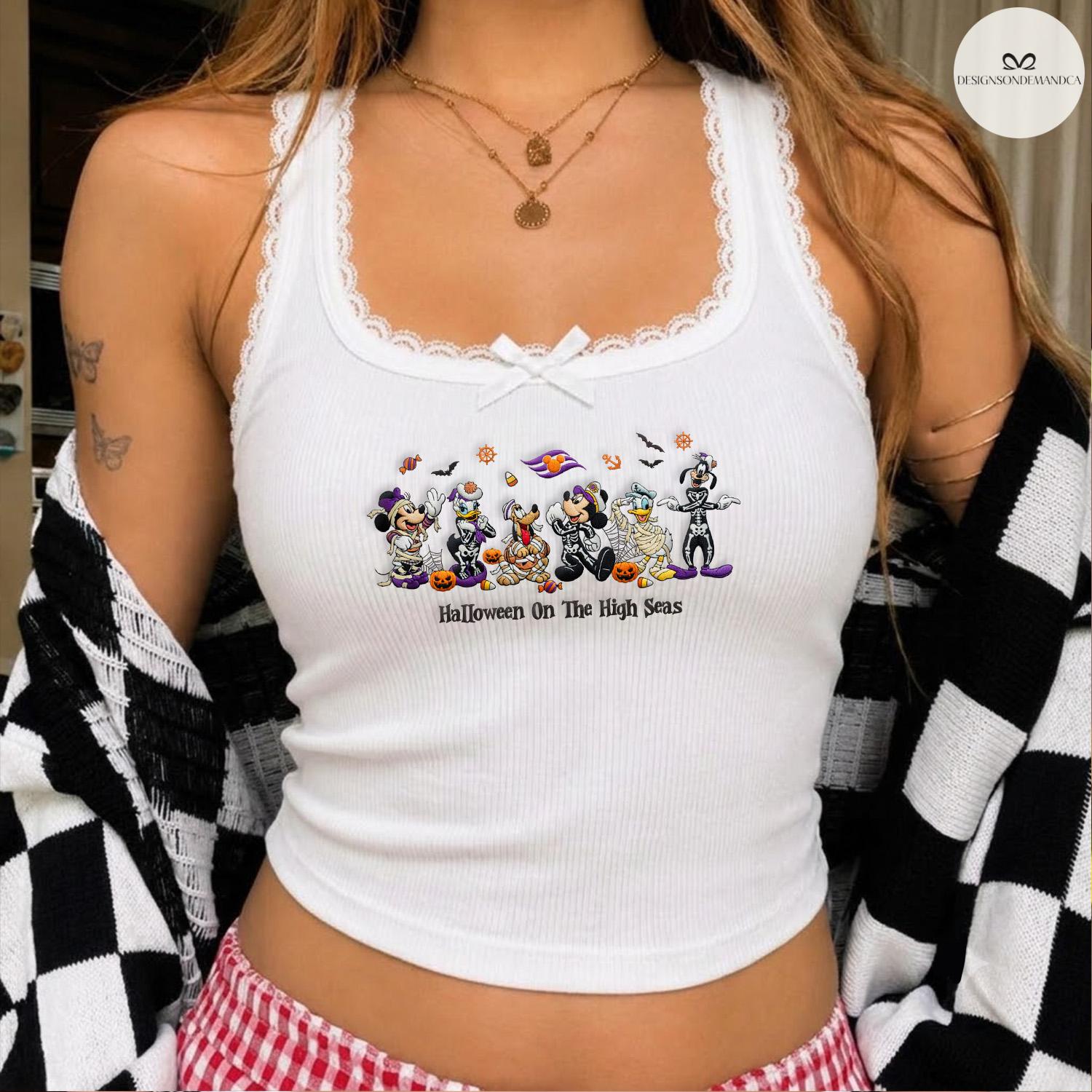 Embroidered Halloween on the High Seas Baby Tee Crop Tank with Mickey and Friends Cruise – Lace Trim Tank Top Girls Trip Shirt - photo 4