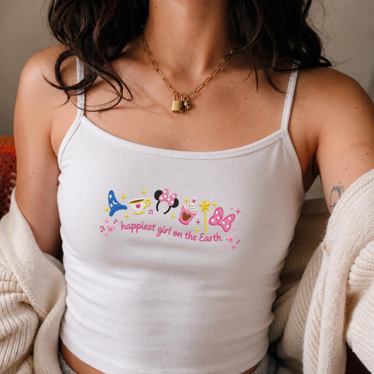 Embroidered Happiest Girl on the Earth Shirt with Mickey and Minnie – WDW Disneyland Trip Lace Trim Tank Top Baby Tee