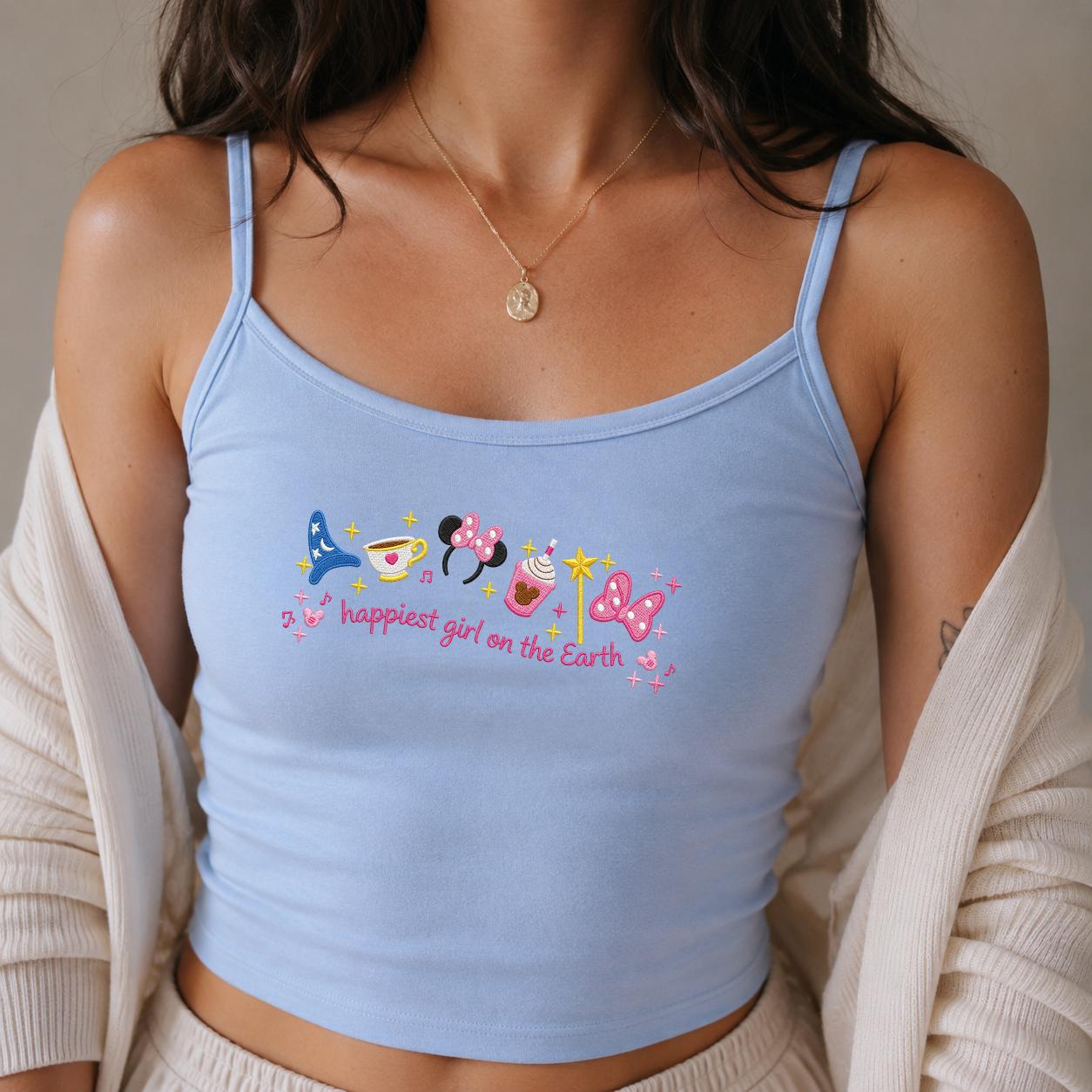 Embroidered Happiest Girl on the Earth Shirt with Mickey and Minnie – WDW Disneyland Trip Lace Trim Tank Top Baby Tee - photo 2