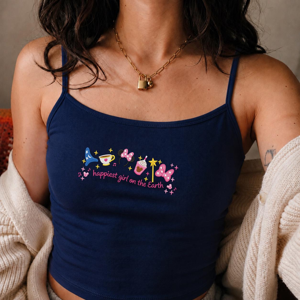 Embroidered Happiest Girl on the Earth Shirt with Mickey and Minnie – WDW Disneyland Trip Lace Trim Tank Top Baby Tee - photo 4