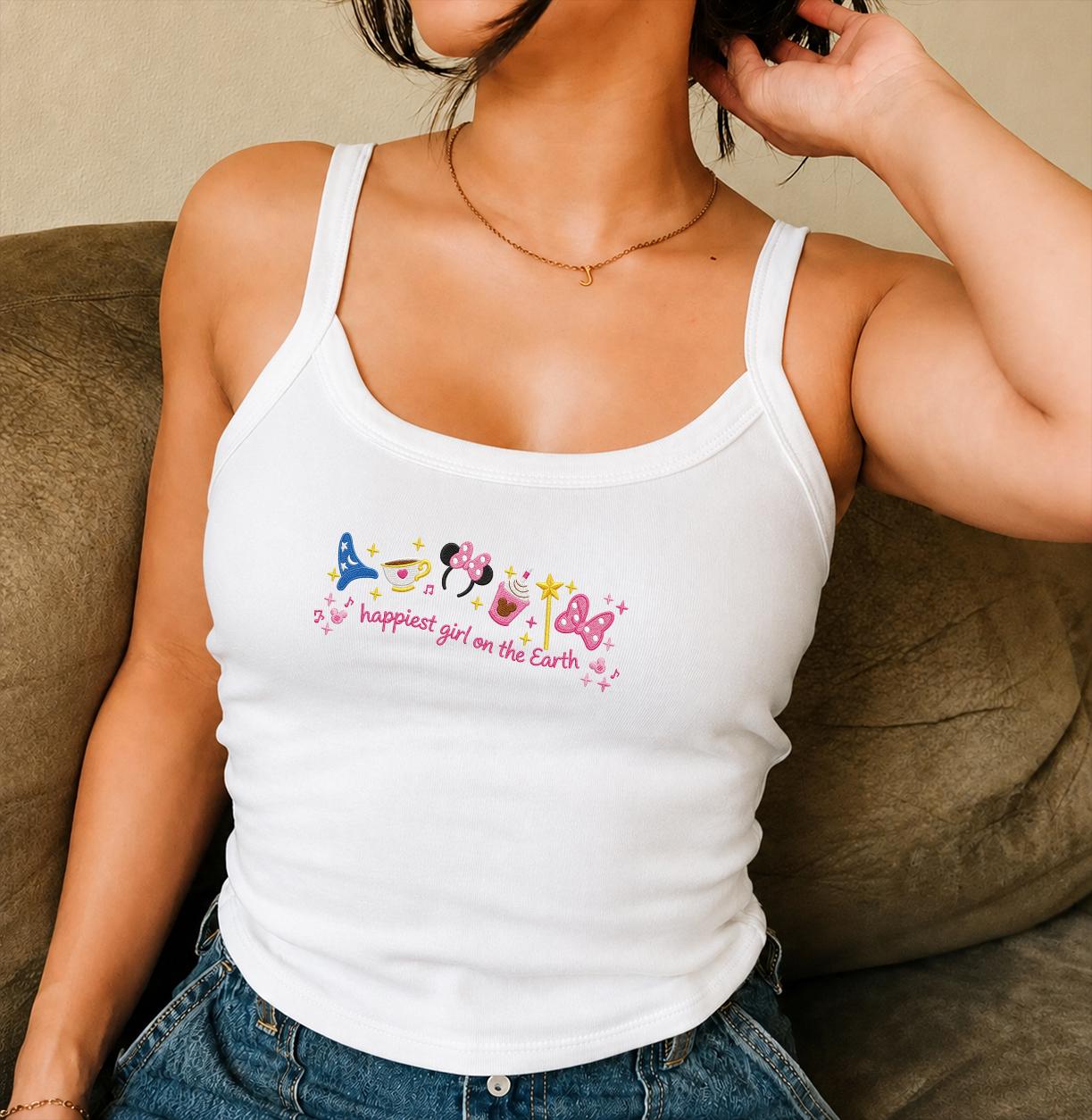 Embroidered Happiest Girl on the Earth Shirt with Mickey and Minnie – WDW Disneyland Trip Lace Trim Tank Top Baby Tee - photo 5
