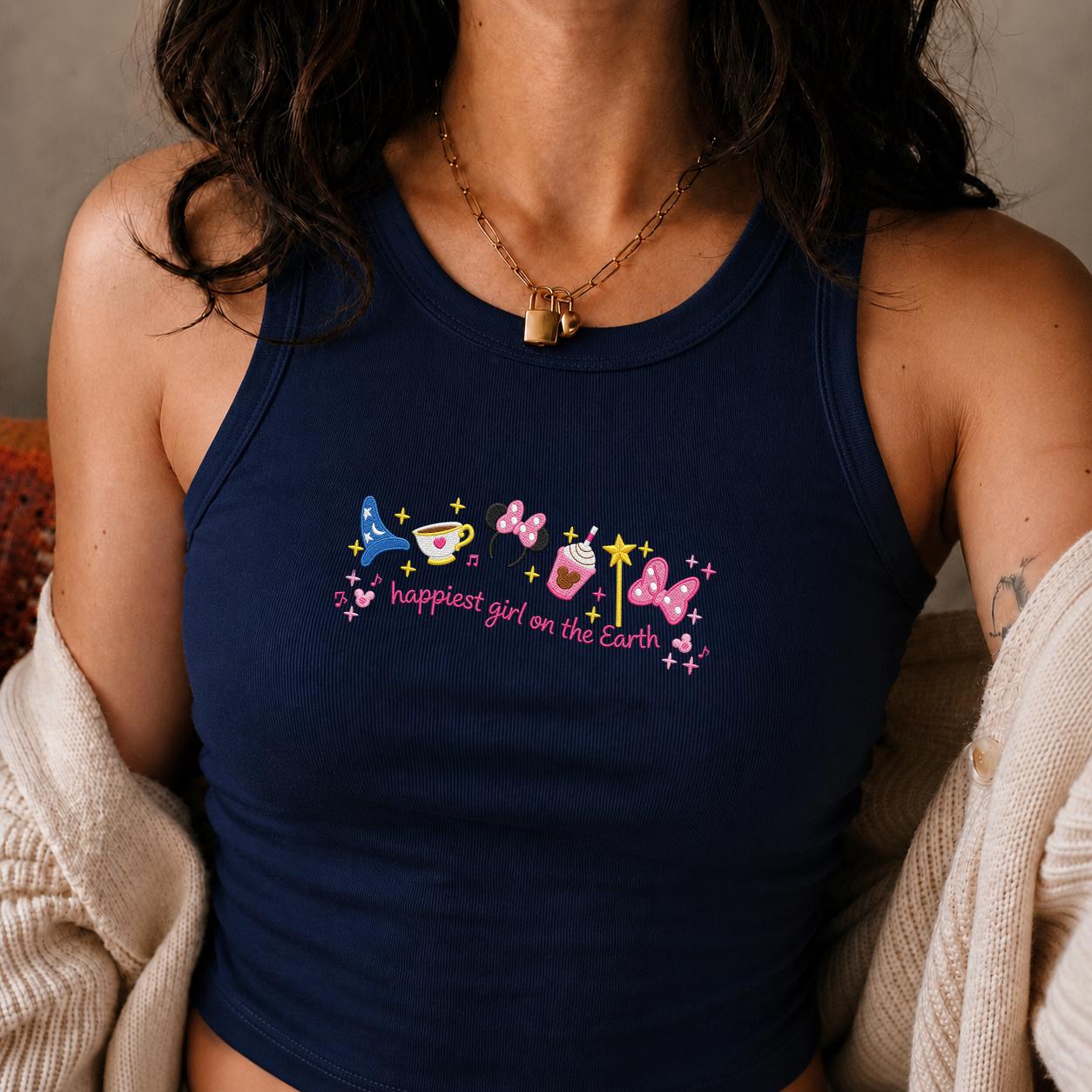 Embroidered Happiest Girl on the Earth Shirt with Mickey and Minnie – WDW Disneyland Trip Lace Trim Tank Top Baby Tee - photo 8