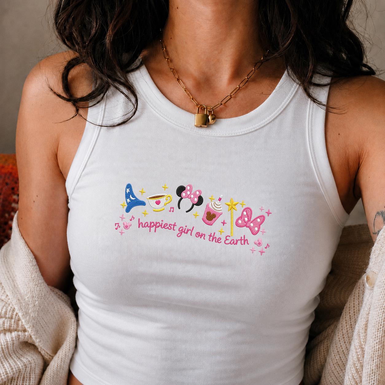 Embroidered Happiest Girl on the Earth Shirt with Mickey and Minnie – WDW Disneyland Trip Lace Trim Tank Top Baby Tee - photo 10